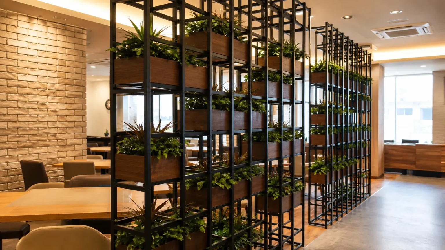 間仕切り棚に複数の植物を配置したグリーン装飾