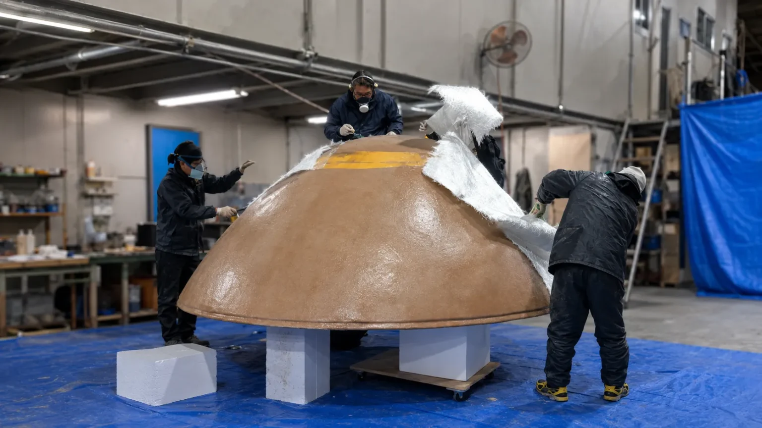 大型のドーム状造作物を製作する作業風景