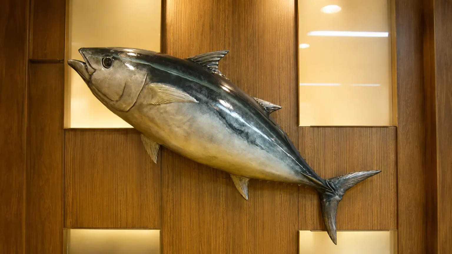 木目壁面に設置された魚の大型造作物
