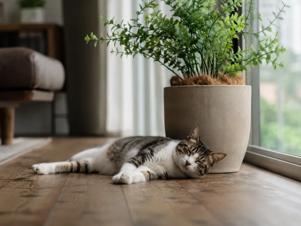 観葉植物のそばにいる猫
