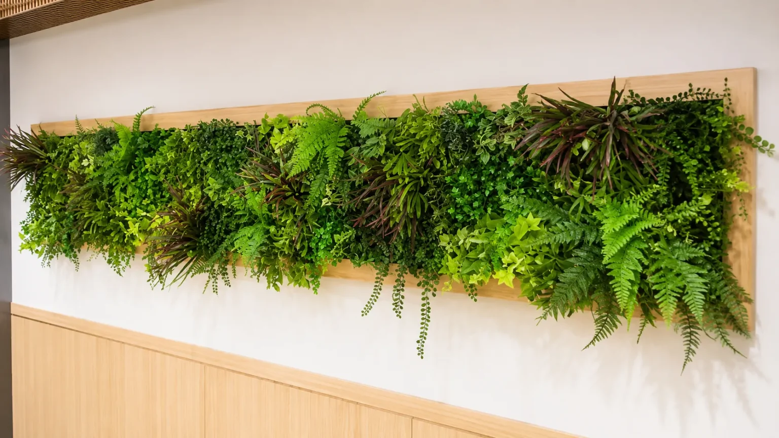 複数の植物を立体的に配置した縦長の壁面緑化