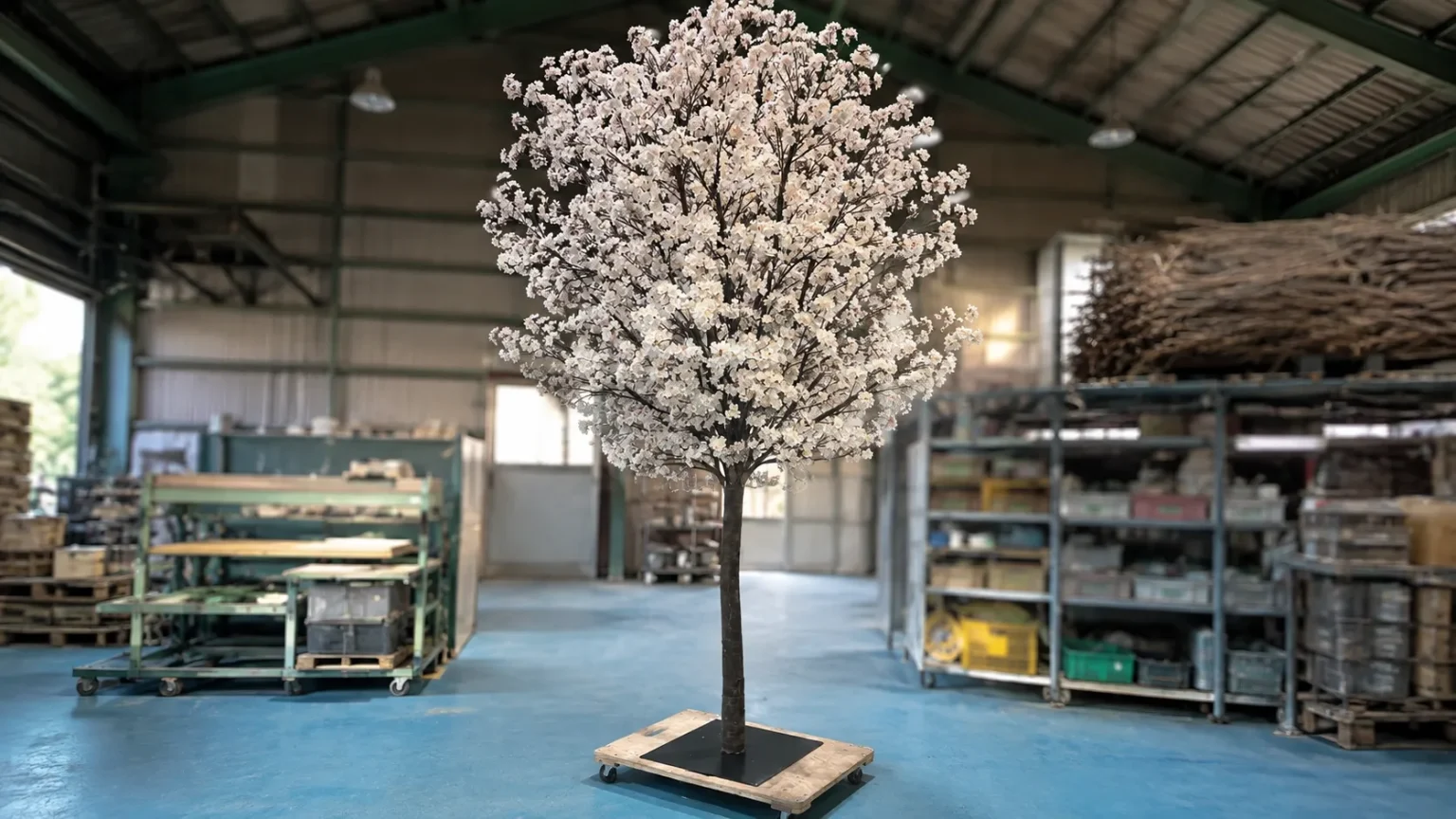 屋内に設置された満開の桜の人工樹木