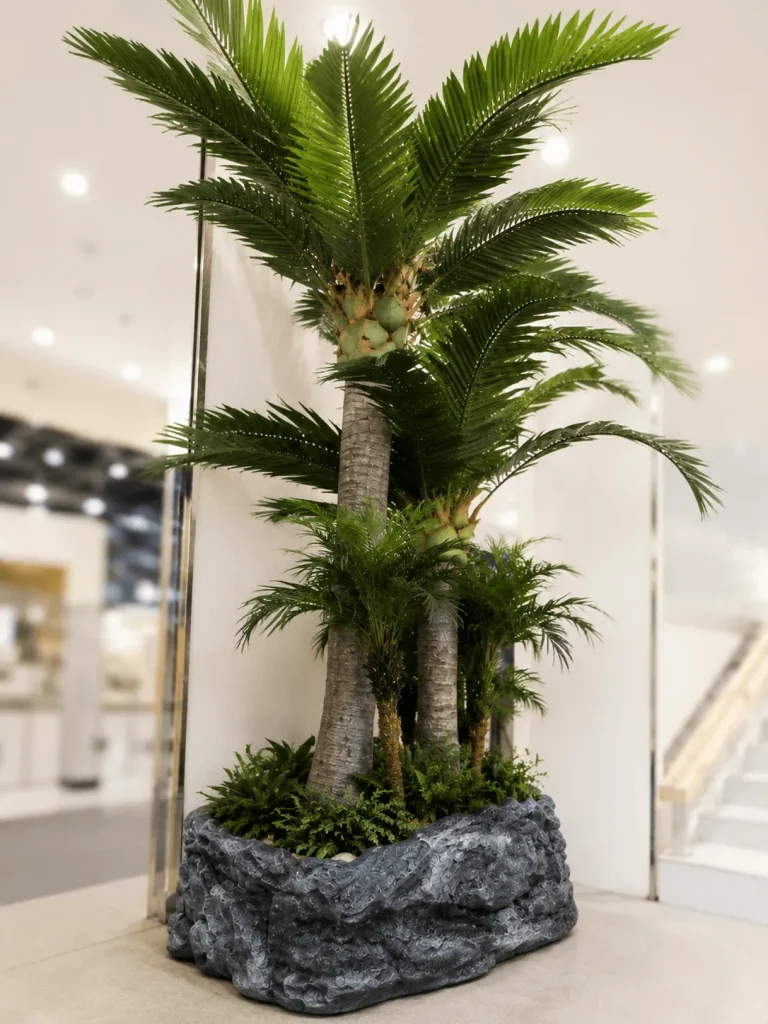 屋内空間のヤシ系人工樹木・グリーン施工