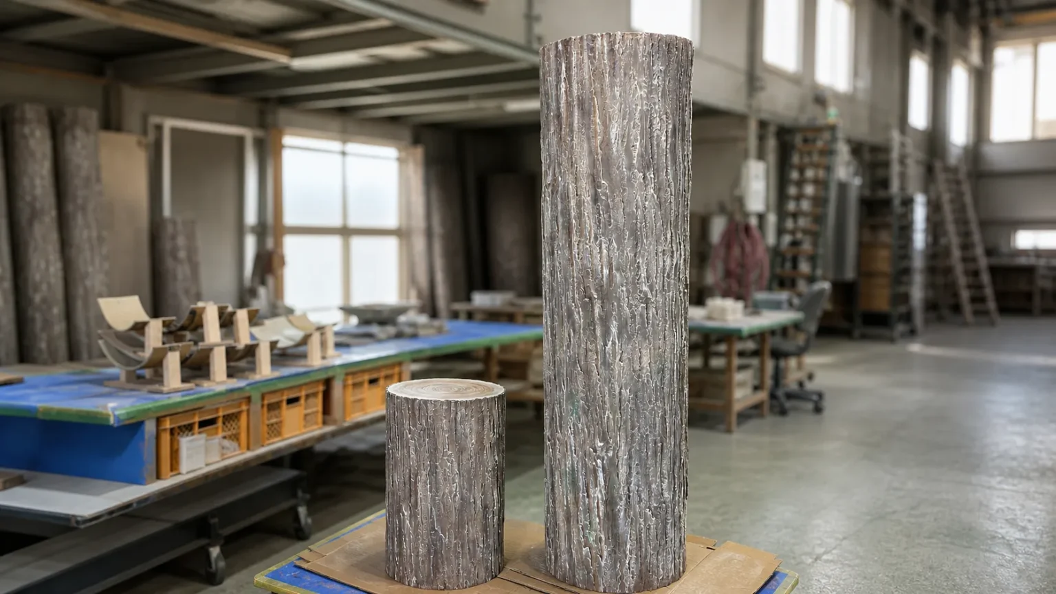 工房で製作されたリアルな樹皮の造作樹木