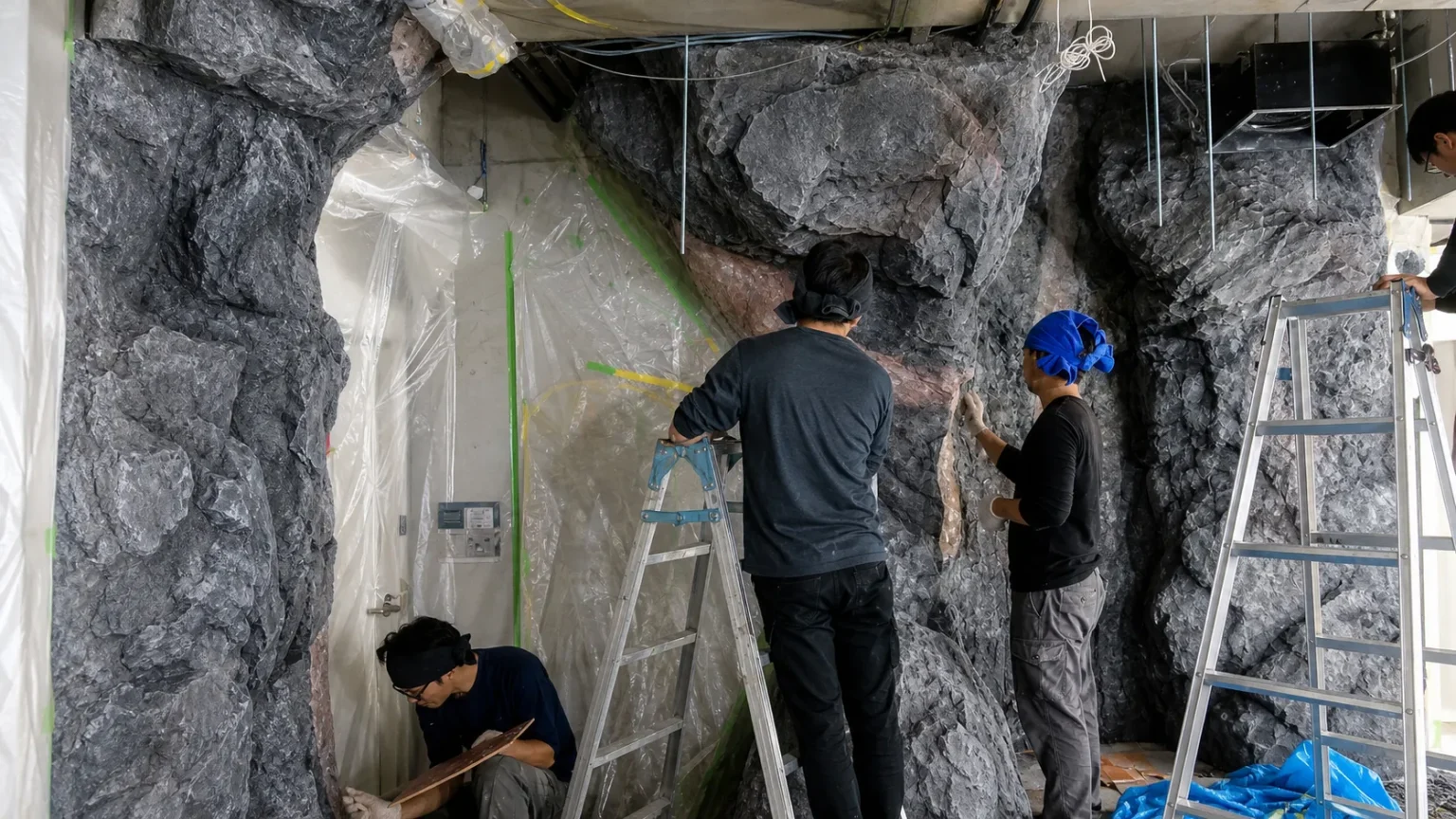 人工植物をあしらったリアルな岩石を仕上げる職人の作業風景